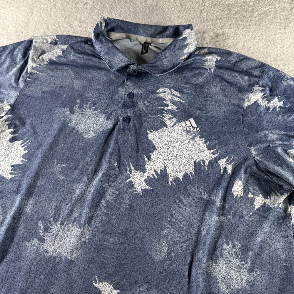 Adidas Golf Polo Shirt Blue AOP Floral 2XL‎ XXL Collared Stretch Athletic Clean